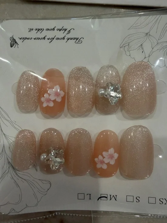 Women’s Press-On Nails Set - Blue & Nude Floral Designs set of 2 size medium - Picture 3 of 3